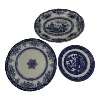 Three Blue and White Antique Plates For Sale
