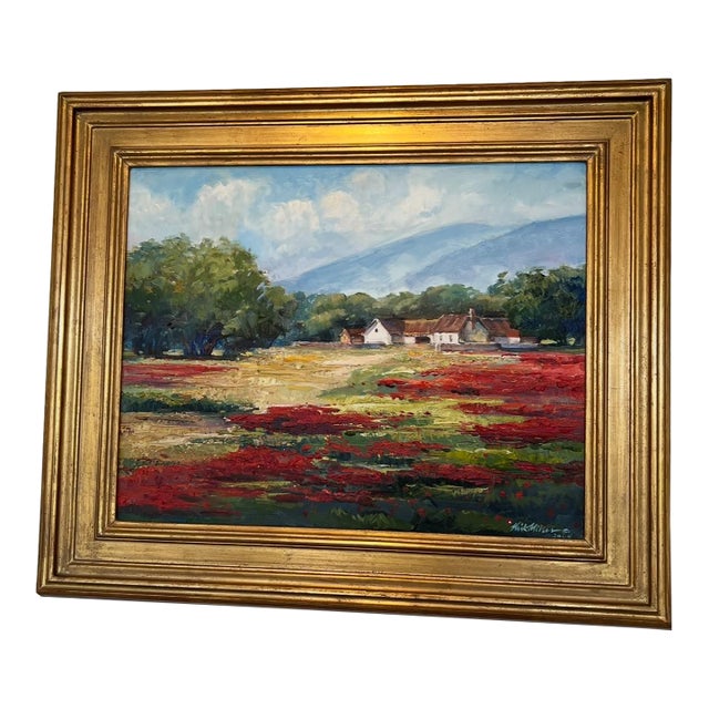 2004 Kirk Miller Painting Oil Canvas Gilt Wood Gold Frame Countryside Farm Signed Vintage Plein Air Impressionism Califirnia For Sale