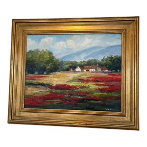 2004 Kirk Miller Painting Oil Canvas Gilt Wood Gold Frame Countryside Farm Signed Vintage Plein Air Impressionism Califirnia
