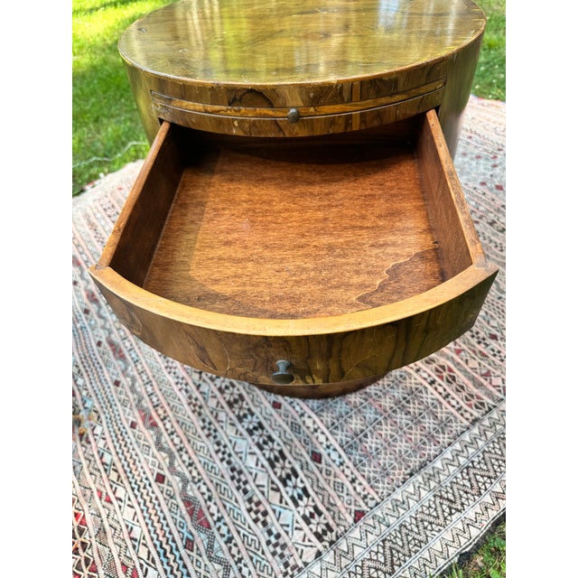 Attributed to William Switzer Postmodern MCM Burl Walnut Drum Table / Nightstand For Sale - Image 11 of 12