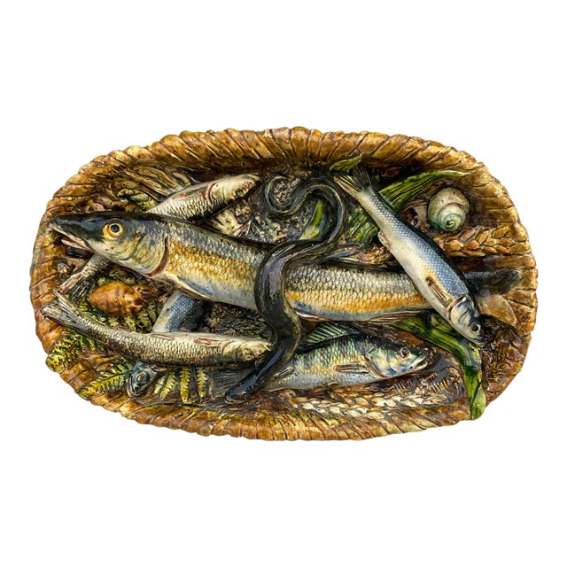 19th Century Rare Majolica Palissy Fish Basket Platter Leon Brard For Sale