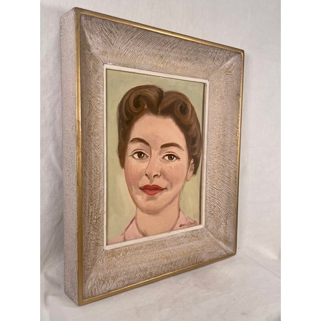 An exceptional mid-century modern female portrait painting on board, signed by the artist Jean Coulls in the lower right...
