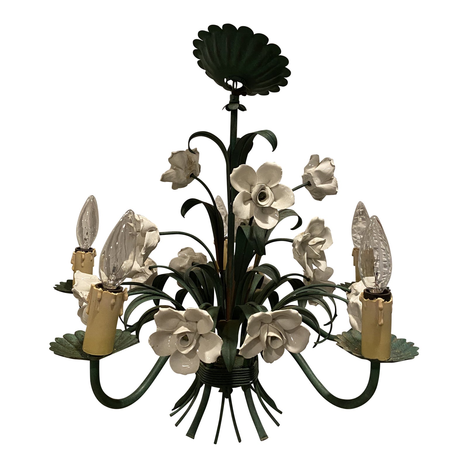 Vintage Metal Floral Chandelier With Porcelain Flower Details by