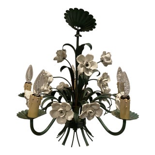 Vintage Metal Floral Chandelier With Porcelain Flower Details by Underwriters Laboratories For Sale