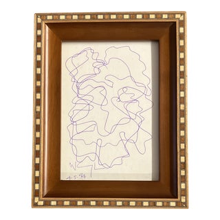 1990’s Vintage Original Wayne Cunningham Small Abstract Purple Ink Drawing Inlaid Wood Frame For Sale