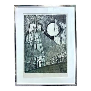 Mid Century - Mikulas Kravjansky "The Flying Dutchman" Mixed Media Abstract Etching, 1981. - Signed, Numbered, Titled, Framed - Nautical, Maritime For Sale