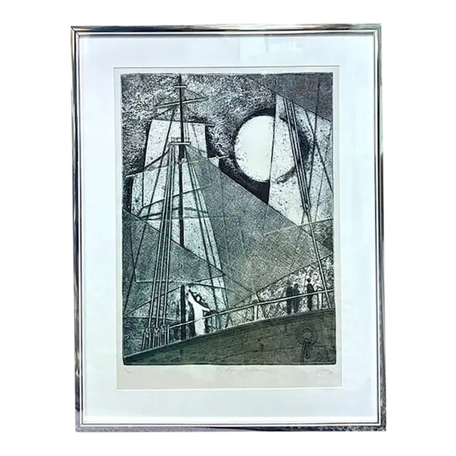 Mid Century - Mikulas Kravjansky "The Flying Dutchman" Mixed Media Abstract Etching, 1981. - Signed, Numbered, Titled, Framed - Nautical, Maritime For Sale