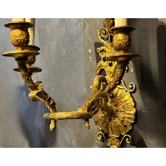 1920 Empire Bronze Swam Sconces 3 Lights - a Pair For Sale In New York - Image 6 of 7