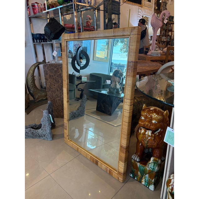 Brown Vintage Mid Century Coastal Palm Beach Italian Wrapped Rattan Woven Wall Mirror For Sale - Image 8 of 10