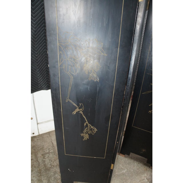 Vintage Chinese Black Lacquer 4 Panel Hand Painted Folding Screen Room Divider For Sale - Image 13 of 18