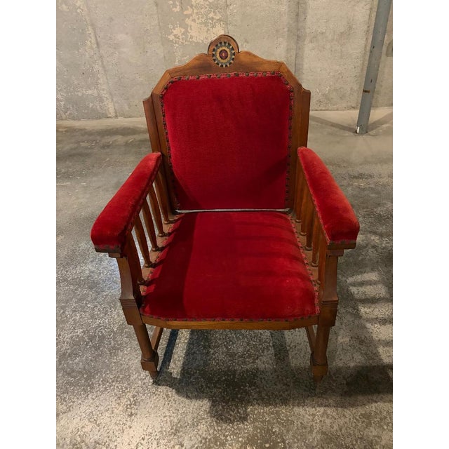 2 Antique Red Velvet and Wood Regal Living Room Chairs For Sale - Image 4 of 11
