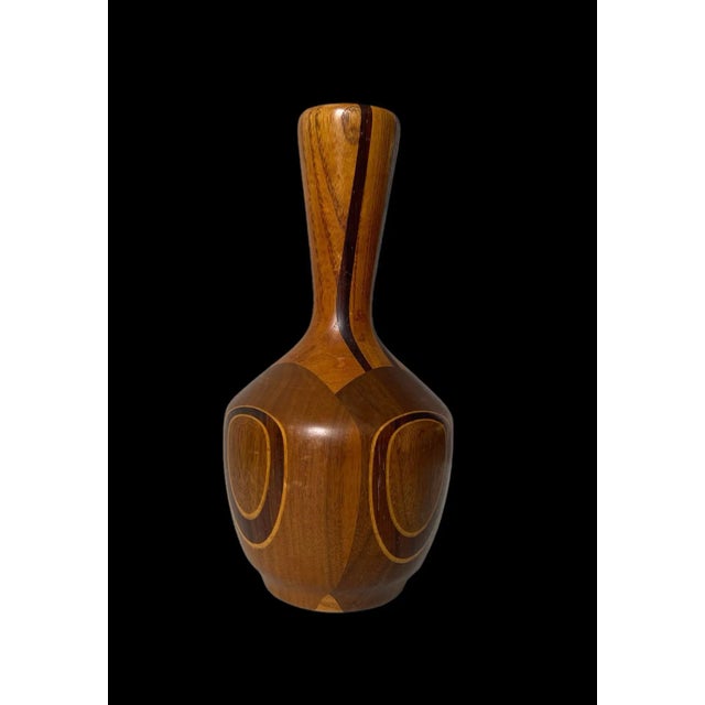 Late 20th Century Vintage Artisan Carved Wood Inlay Vase For Sale - Image 4 of 9