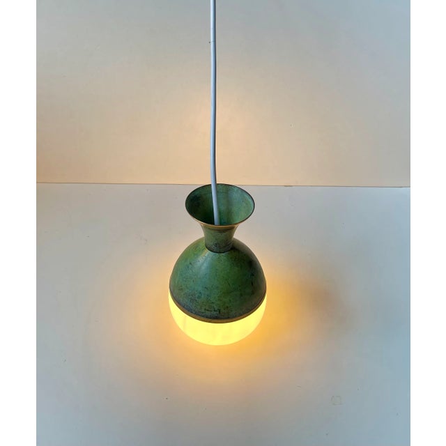 1970s Art Deco Revival Pendant Lamp in Green Bronze and White Glass, 1970s For Sale - Image 5 of 12