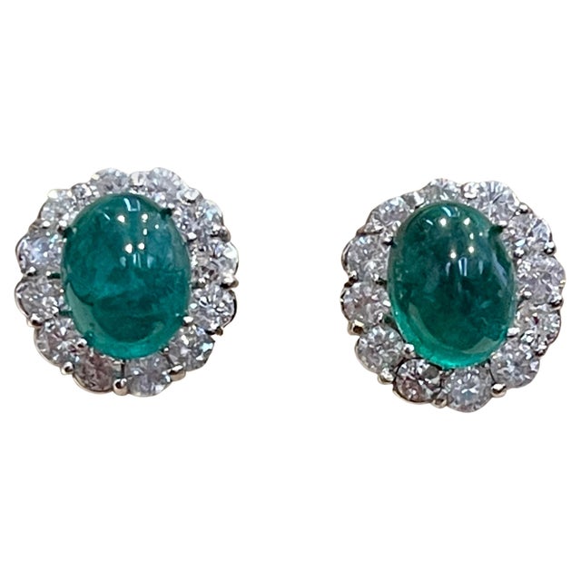 12 Ct Natural Emerald Zambia Cabochon & 4 Ct Diamond Stud Earring 14 KW Gold For Sale - Image 15 of 18