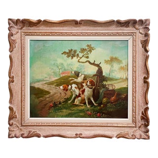 Oil on Canvas Painting of Leashed Hounds Tied to a Tree, France, 18th Century For Sale