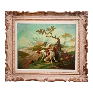 Oil on Canvas Painting of Leashed Hounds Tied to a Tree, France, 18th Century