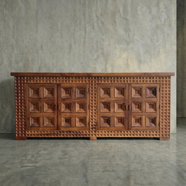 Mid-Century Modern Spanish Solid Wood Brutalist Sideboard, 1960s For Sale - Image 3 of 5