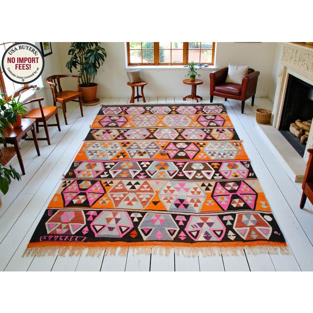 Mid-Century Modern Vibrant Turkish Kilim Rug, 1966 Dated Vintage Tribal Rug, Pink and Orange Geometric Flatweave 6x8 Ft Approx For Sale - Image 3 of 18