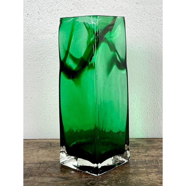 Glass Vintage Polish Emerald Glass Tall Vase For Sale - Image 7 of 12
