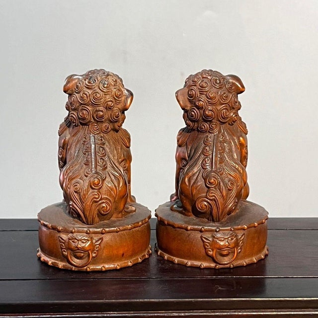Vintage Boxwood Carved Foo Dogs / Guardian Lions - Pair of Miniature Statues For Sale - Image 9 of 9