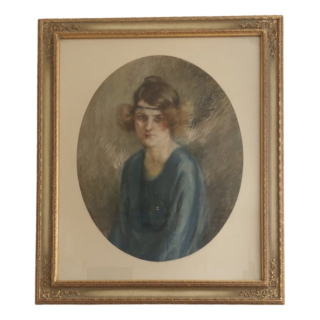 Charles Émile Moïse Hornung, Jeune femme coiffure Charleston et robe bleue, Pastel on Paper, Framed For Sale