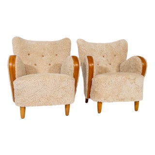 Swedish Modern Sheepskin Lounge Chairs, 1940s, Set of 2 For Sale