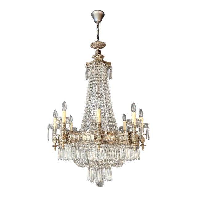 1930s Art Deco Crystal Chandelier Silver Serpentine Form Restored Antique Brass For Sale