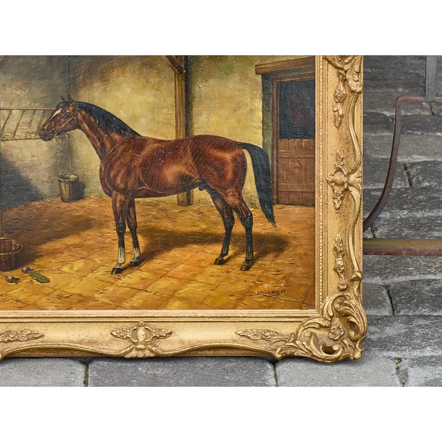 Wood Oil on Board Painting of Horse in Stable by Louis Nadler, Early 20th Century For Sale - Image 7 of 12