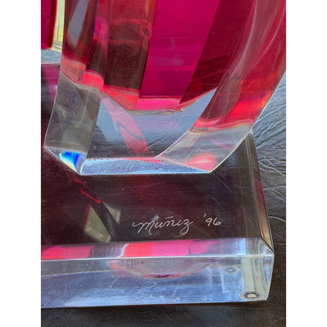 David Muniz Lucite Acrylic Art Sculpture, signed and dated for 1996. The piece is comprised of vibrantly colored ruby red...