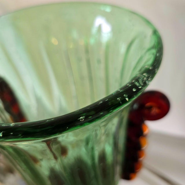 1980s Pair of Green and Golden Brown Murano Glass Vases For Sale - Image 12 of 13