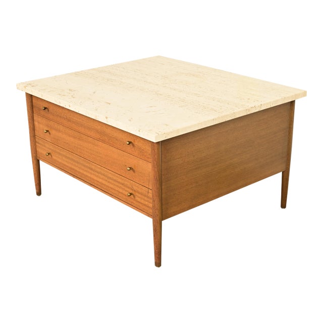 Paul McCobb Connoisseur Collection Mahogany and Travertine Top Cocktail Table, 1950s For Sale