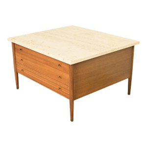 Paul McCobb Connoisseur Collection Mahogany and Travertine Top Cocktail Table, 1950s