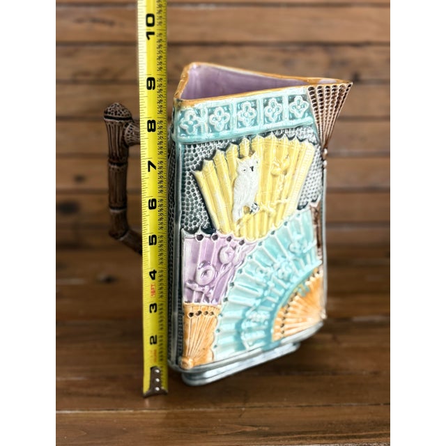 Turquoise Victorian Majolica Aesthetic Movement Pitcher — Birds, Fans & Bamboo Handle c.1880 For Sale - Image 8 of 12