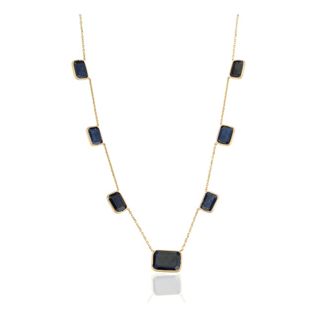 Deco-Style 16.19ct Emerald-Cut Blue Sapphire Station Necklace in 18k Gold, 18 Inches For Sale