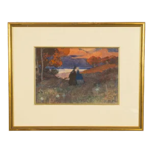 Antique Impressionist Watercolor Gouache Painting Romantic Couple by Pyotr Alexandrovich Nilus, 1926, Framed