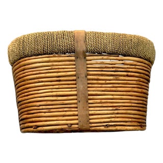 Vintage Woven Oval Pencil Reed Basket W/ Rattan Rim & Wooden Straps For Sale