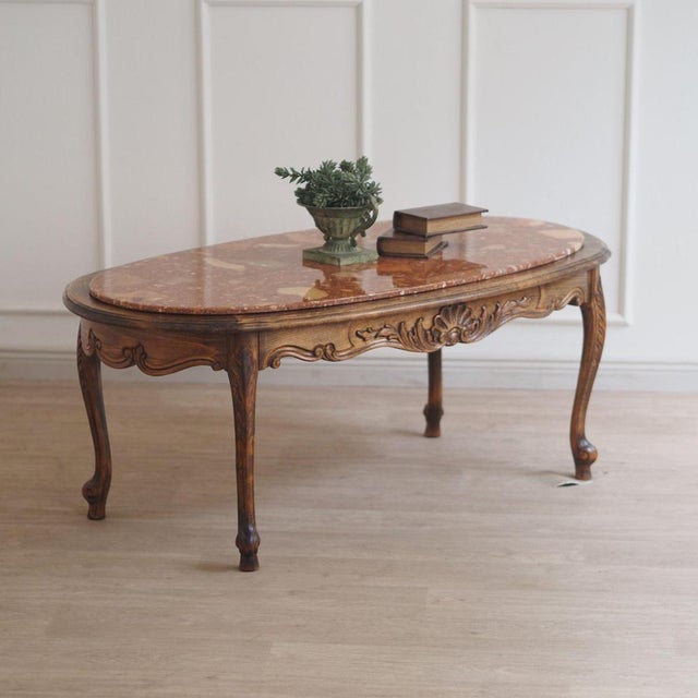 French Coffee Table with Red Marble Top and Curved Wooden Frame For Sale - Image 8 of 13