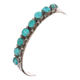6.5" 40's-50's Zuni carved turquoise sterling row cuff bracelet For Sale