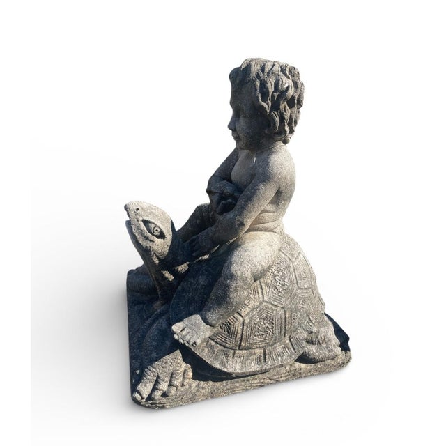 2000 - 2009 Vintage Limestone Putti Riding a Giant Tortoise Garden Statue For Sale - Image 5 of 8