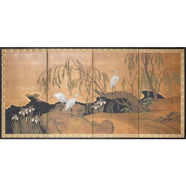 "Willow and White Herons" by Yukiga, 1970s Showa Era Japanese Painted Byobu Screen For Sale - Image 18 of 18