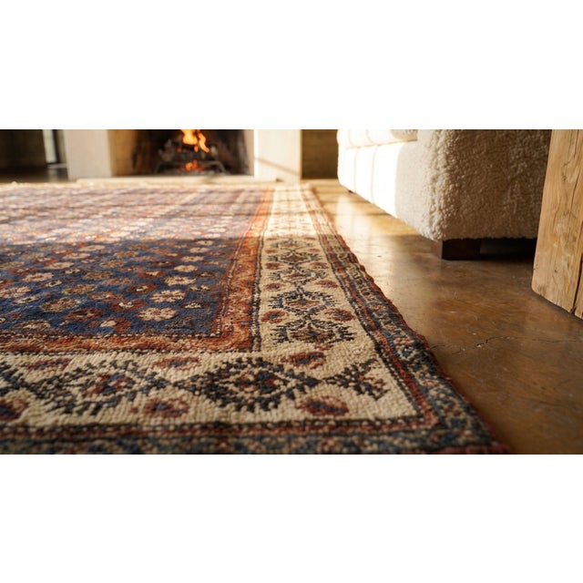 Formidable Royal Blue Background With Linear Rows of Flowers Houndstooth Pattern Antique Persian Rug For Sale - Image 9 of 10