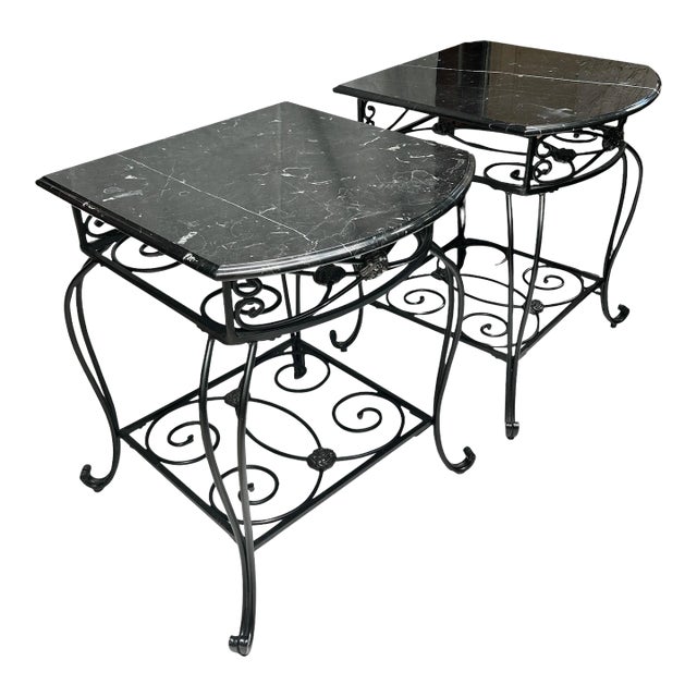 Early 20th Century Bombay Marble Top Wrought Iron Patio Side Tables - Set of 2 For Sale