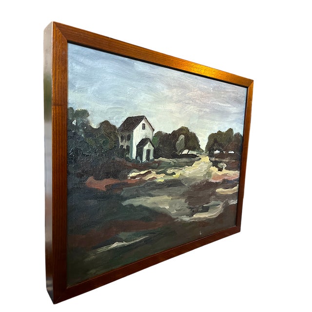 Moody, modern, and richly expressive—this vintage oil painting captures a quiet country scene with bold brushwork and...