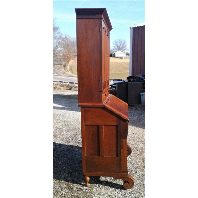 Mid 19th Century 1850s Antique 2 Piece Cherry Curly Maple Slant Front Secretary Desk With Bookcase Top For Sale - Image 5 of 18