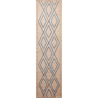 Nazmiyal Collection Ivory Cream and Light Blue Modern Geometric Runner Rug For Sale