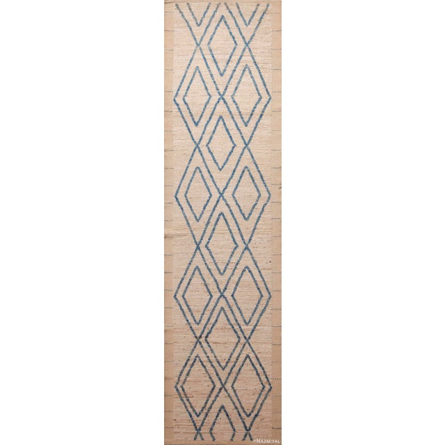 Nazmiyal Collection Ivory Cream and Light Blue Modern Geometric Runner Rug For Sale