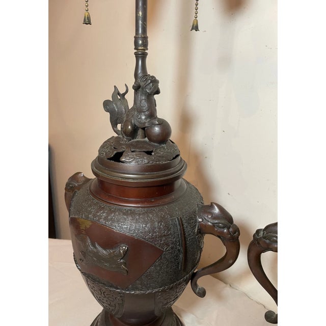 Pair 2 Large Antique Chinese Lidded Incense Urns Vase Figural Bronze Table Lamps For Sale - Image 4 of 14