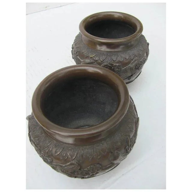 Asian 1950s Bronze Cachepots With Flower And Bird Decoration - A Pair For Sale - Image 3 of 9