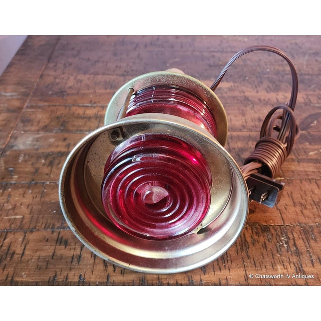 Antique Brass & Cranberry Red Glass Nautical Ship's Lantern Table Lamp, C1940s For Sale - Image 4 of 6