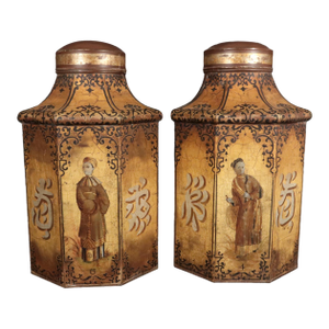 Chinoiserie Tôle Large Tea Canisters With Chinese Figures and a Chocolate Brown Ground